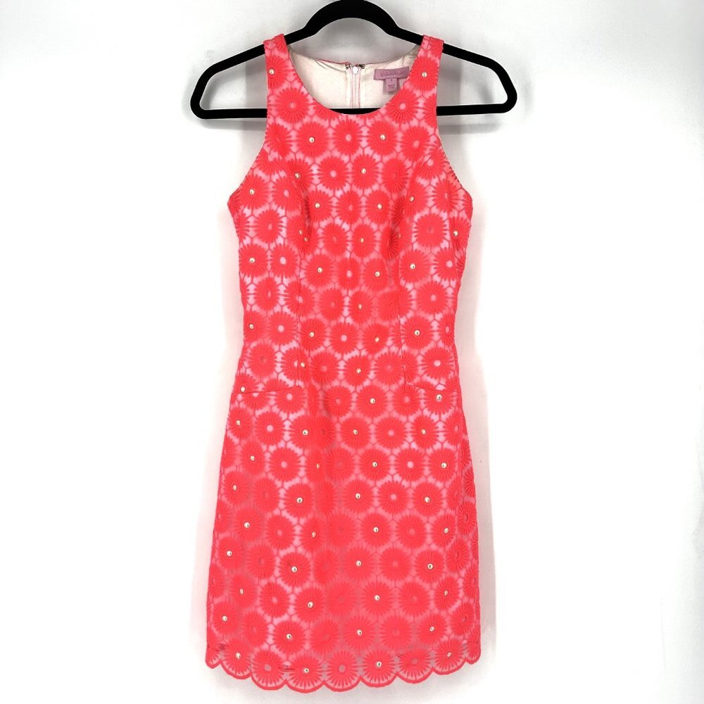 Lilly Pulitzer Pearl Sheath Dress Fluorescent Fiesta Pink Pinwheel Organza 2 - Picture 2 of 10